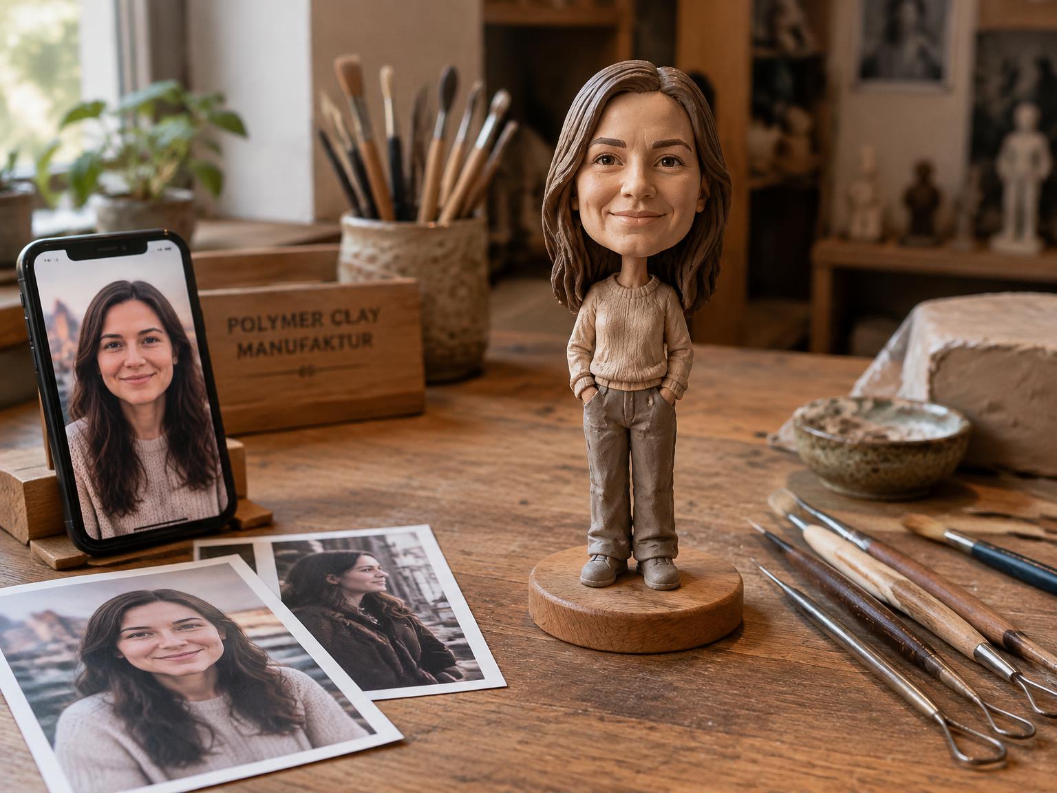 Werkbank mit Fotovorlage, Werkzeug und einer Wackelfigur in Entstehung