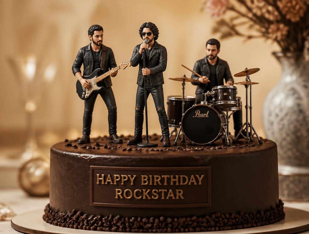 Handmodellierte Tortenfiguren einer Musikband mit Gitarre, Mikrofon und Schlagzeug auf einer Torte