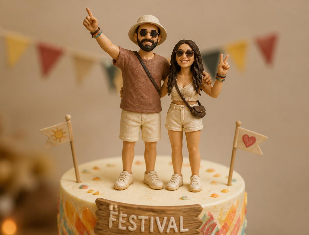 Handmodellierte Tortenfiguren im Festival-Look mit Bucket Hat und Sonnenbrille auf einer Torte
