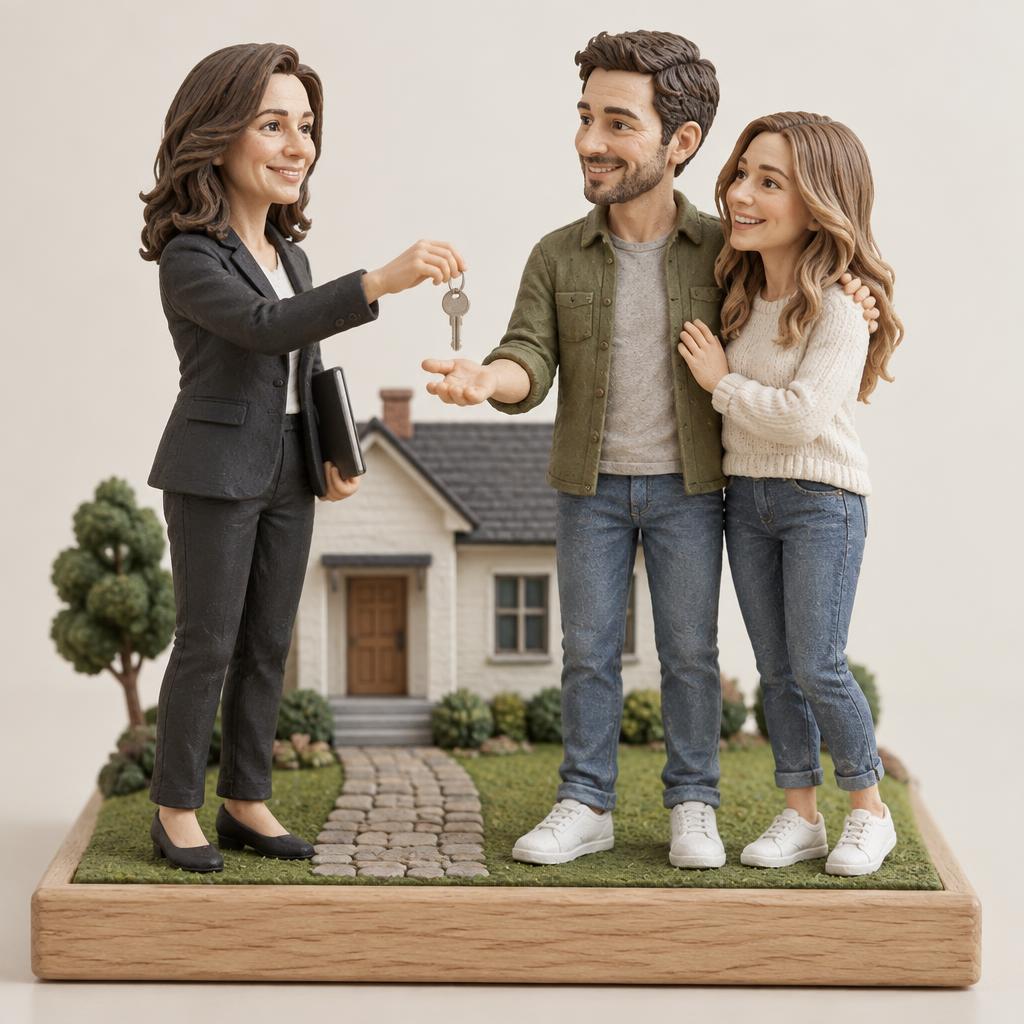 Schlüsselübergabe in Miniatur. Vollständiges Modell mit Sockel.