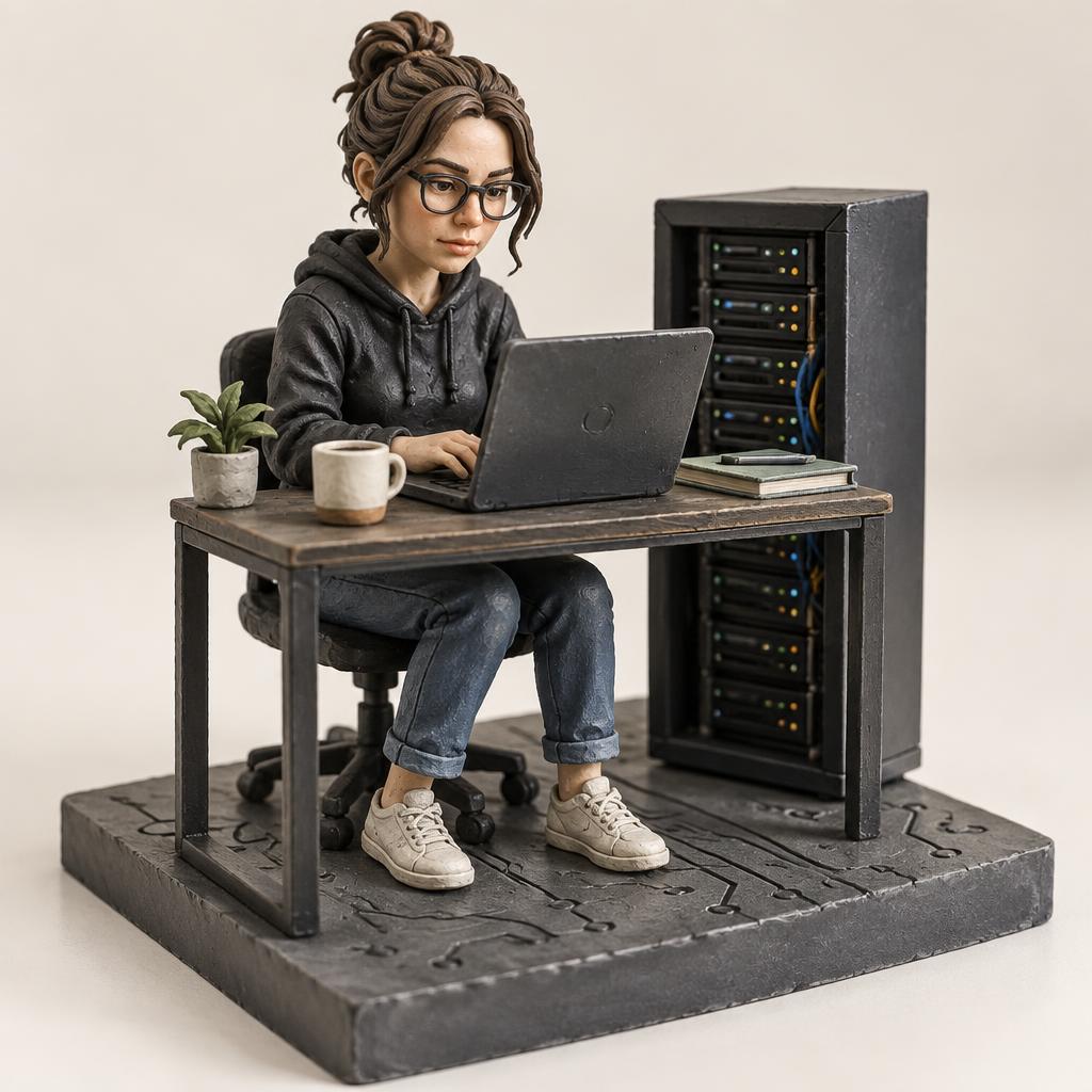 Zwischen Code und Kaffee. Vollständiges Modell mit Sockel.