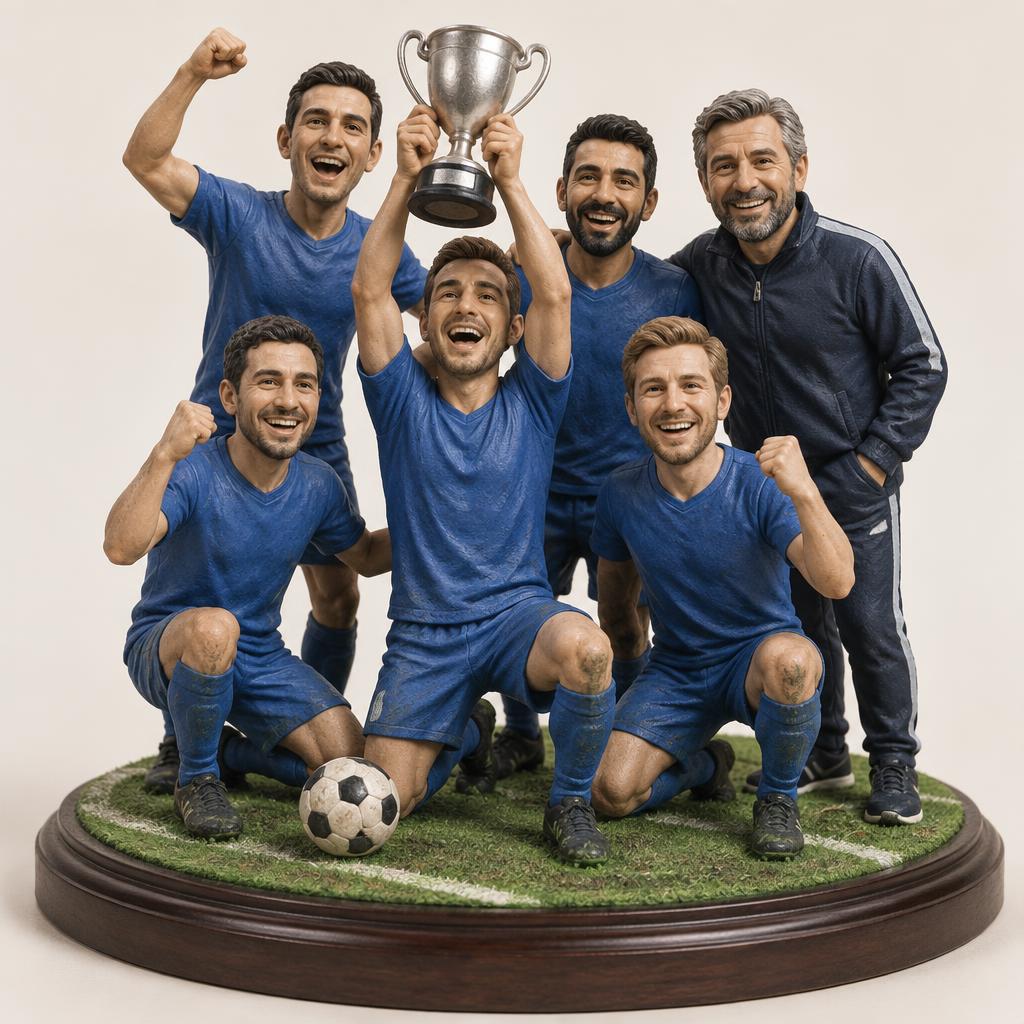 Die Mannschaft mit Pokal. Vollständiges Modell mit Sockel.