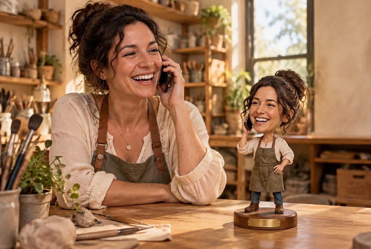 Mitarbeiterin am Telefon neben einer personalisierten Mini-Wackelfigur