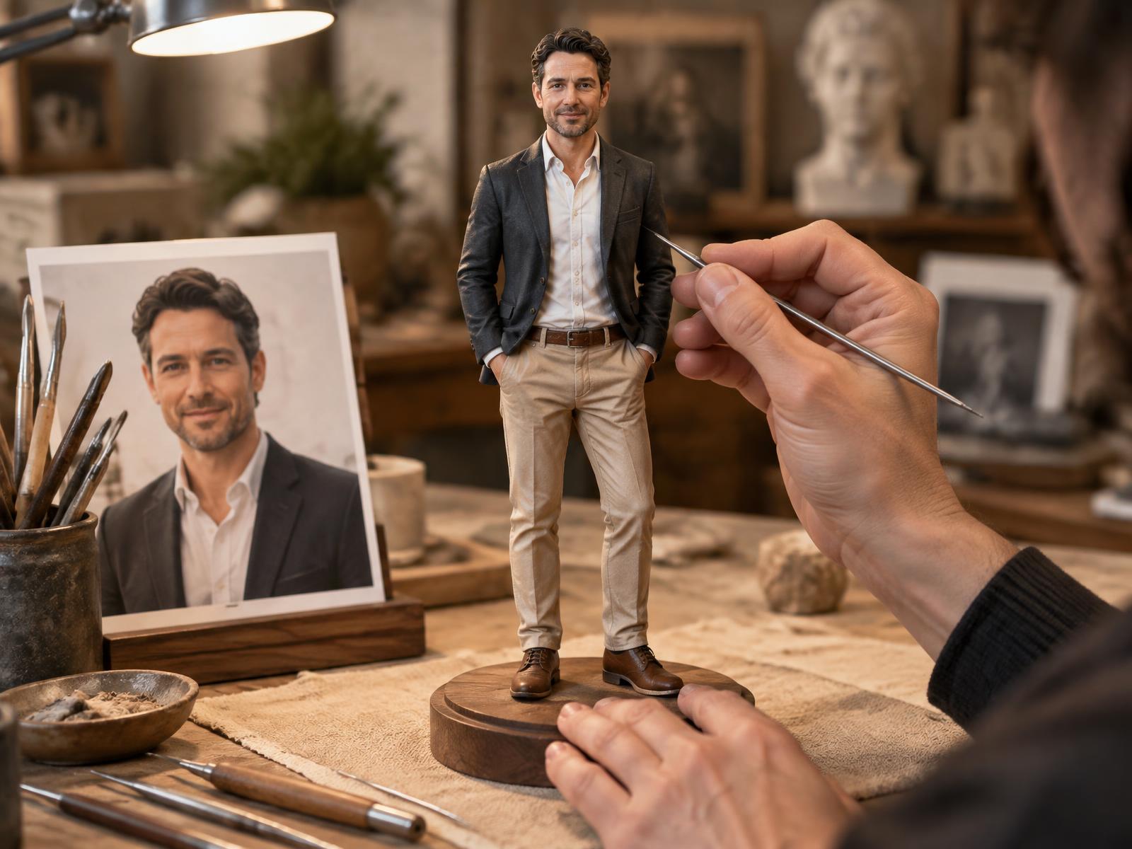 Realistisch modellierte Porträtfigur nach Fotovorlage bei der feinen Ausarbeitung im Atelier