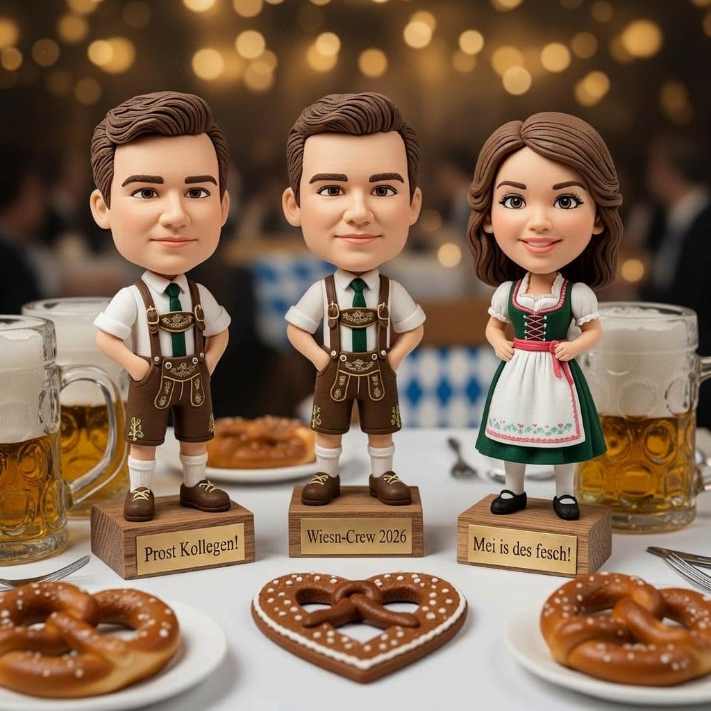 Personalisierte Oktoberfest Wackelfiguren auf Firmenfeier-Tisch mit Maßkrug, Brezel und Lebkuchenherz