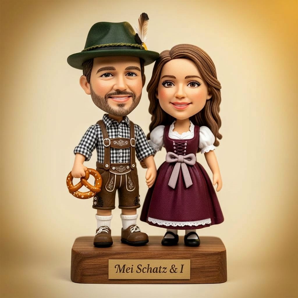 Personalisiertes Wackelfiguren-Paar in Dirndl und Lederhose mit bayrischer Brezel