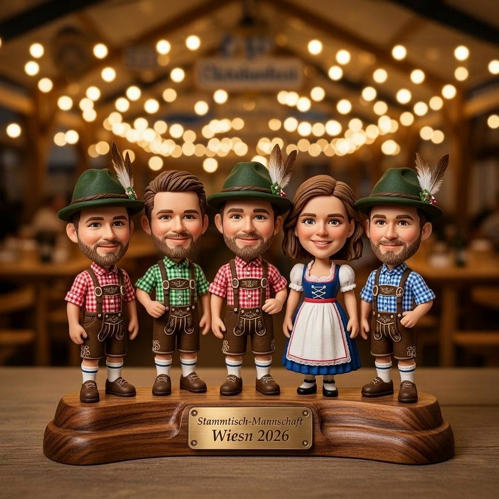 Fünf personalisierte Wackelfiguren als Vereinsgruppe in bayrischer Tracht im Festzelt