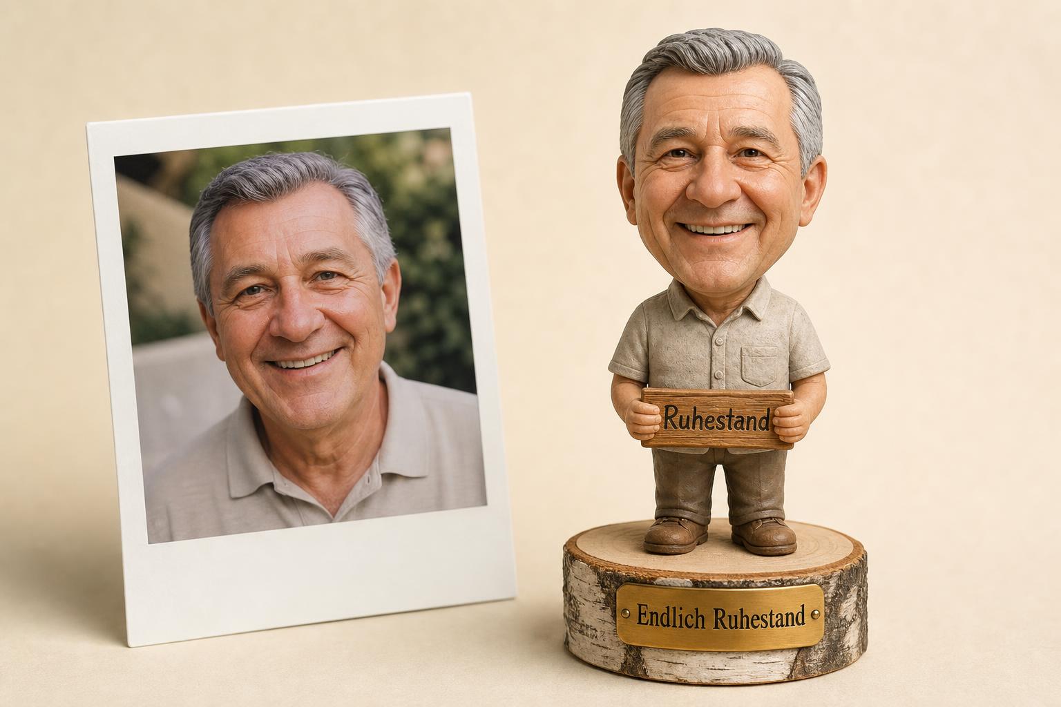 Ruhestand-Wackelfigur personalisiert – Abschiedsgeschenk Figur nach Foto